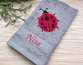 Towel ladybug appliques, name embroidered