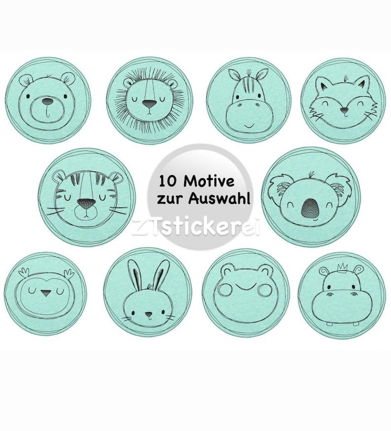 May include: Ten different animal face designs on round stickers. The stickers are light blue with black outlines. The animals include a bear, lion, zebra, fox, tiger, koala, owl, rabbit, frog, and hippo.