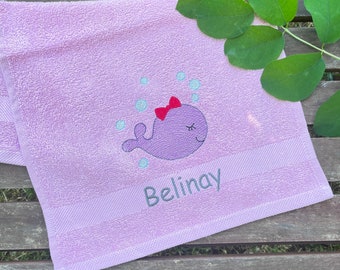 Towel embroidered with name & dolphin, sea creatures