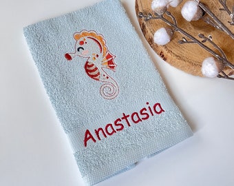 Towel embroidered with name & seahorses, sea creatures