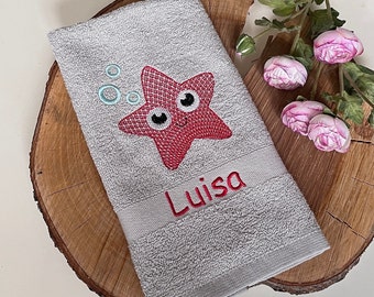 Towel embroidered with name & starfish, sea creatures