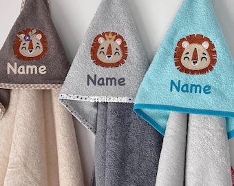 Hooded bath towel embroidered with lion/name