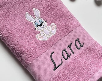 Towel embroidered with rabbit applications and names, towel for children