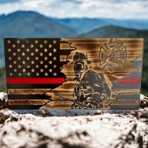 Custom Firefighter Flag, Wood Thin Red Line Decor, Retirement Gift, First Responder Decor