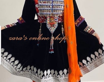 Afghan traditional handmade black and orange dress