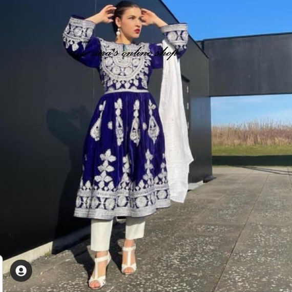 Afghan kuchi traditional handmade blue dress with silver embroidery