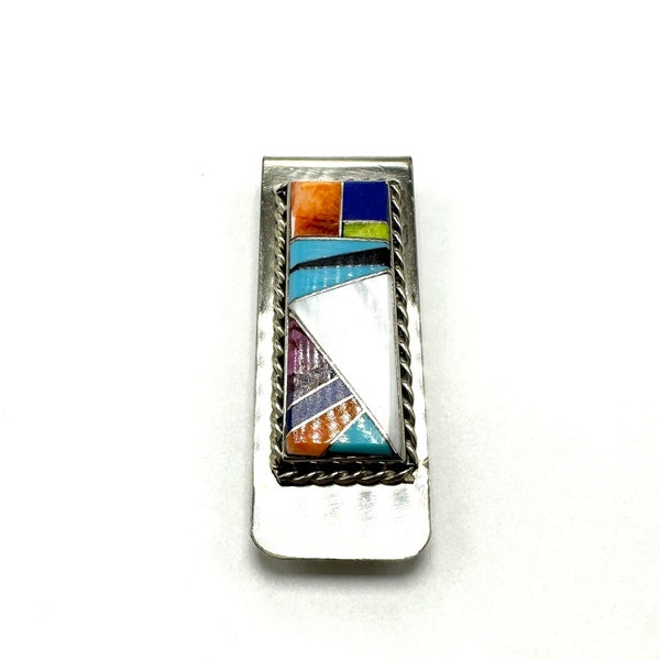 Handmade Native American Sterling Silver Multi Stone Money Clip