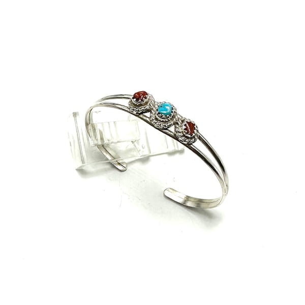 Handmade Native American Sterling Silver Navajo Turquoise And Coral Baby Bracelet