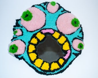 Six Pink Eyes Hand Tufted Wall Hanging Rug Mirror Art