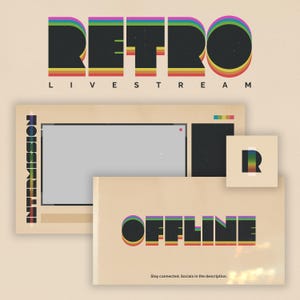 May include: A retro-style graphic for a livestream, featuring the words "RETRO LIVE STREAM" in a bold, colourful font. Below, a screen displays "PERMISSION" vertically. Another graphic reads "OFFLINE" with the text "Stay connected. Socials in the description."