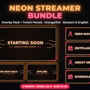 Könnte beinhalten: Ein digitales Neon-Streamer-Paket mit Overlay-Pack und Twitch-Panels in Orange und Rot. Die Grafiken enthalten Text wie NEON STREAMER BUNDLE, STARTING SOON, BE RIGHT BACK, OFFLINE, ÜBER MICH, ZEITPLAN, ABOUT ME und SCHEDULE.