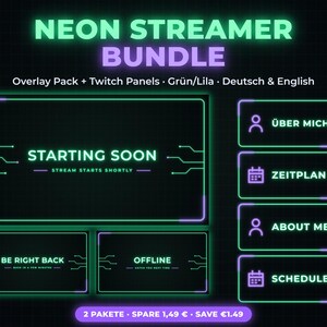 Könnte beinhalten: Ein digitales Neon-Streamer-Paket mit dunklem Hintergrund und leuchtenden grün-violetten Rändern im Schaltkreis-Stil. Der Text umfasst NEON STREAMER BUNDLE, STARTING SOON, BE RIGHT BACK, OFFLINE, ÜBER MICH, ZEITPLAN, ABOUT ME und SCHEDULE.