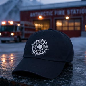 May include: A navy blue baseball cap with a white embroidered emblem featuring the words "FIRE RESCUE" and an outline of Antarctica. The cap is set against a backdrop of a fire station and a fire truck.