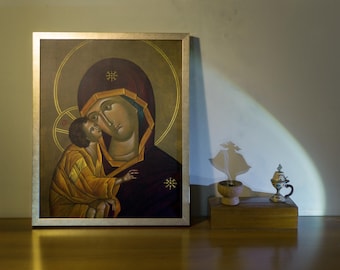 Hand-Painted Theotokos Icon: Virgin of Love, Mount Athos Style