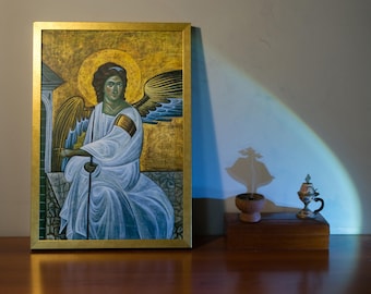 Handmade White Angel Icon: Byzantine Orthodox Art, Symbol of Peace