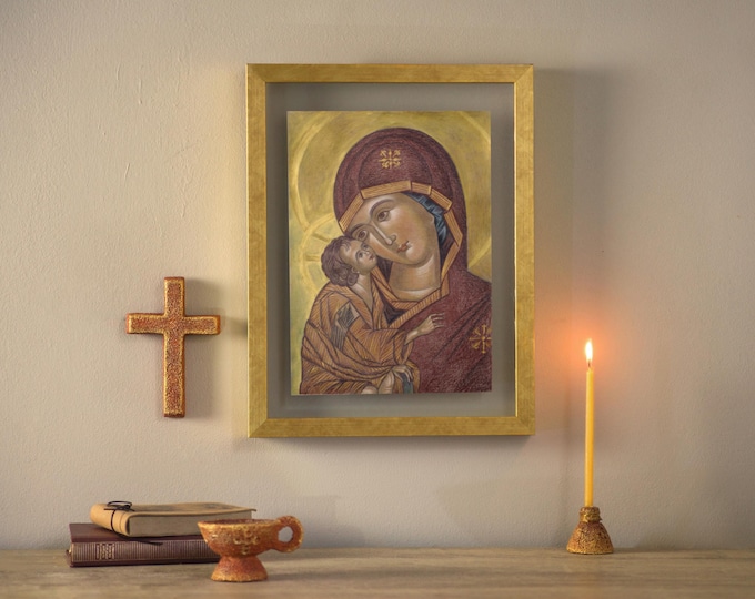 Unique Hand-Painted Virgin Mary Icon: Byzantine Art, Inspirational Christian Gift