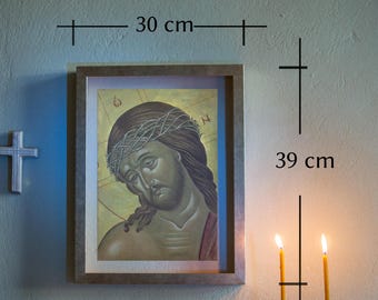 Handmade Jesus Christ Icon: Byzantine Art, Wooden Frame