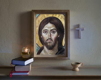 Handmade Jesus Christ Pantocrator Icon: Byzantine Art Inspired Gift