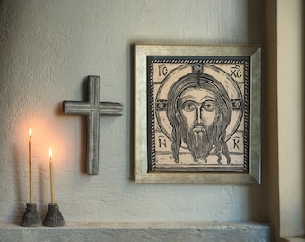 Handmade Linocut Print: "The Holy Mandylion" Religious Icon Art in Beige-Gold Frame