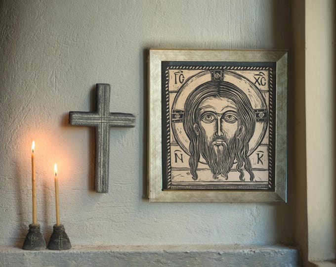 Handmade Linocut Print: "The Holy Mandylion" Religious Icon Art in Beige-Gold Frame