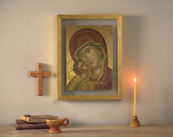 Hand-Painted Byzantine Virgin Mary Icon: Caring Mother, Prayer Corner