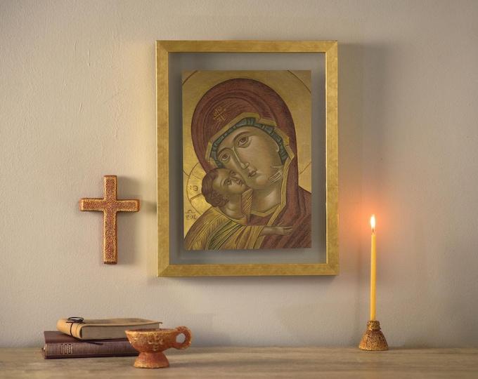 Hand-Painted Byzantine Virgin Mary Icon: Caring Mother, Prayer Corner