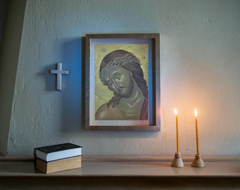 Handmade Jesus Christ Icon: Byzantine Art, Wooden Frame