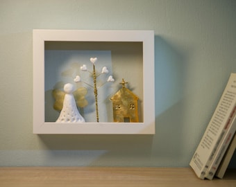 Handmade 3D Wall Art – Angel, Tree and Church | Personalized Gift | Papier Mâché and Brass Artwork in Wooden Frame