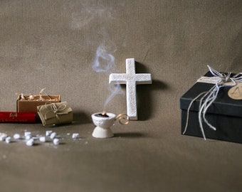 Handmade Prayer Corner Ceramics - Set with Off White Censer, Cross, Charcoal & Incense from Mount Athos -  Family Present - Easter Gift