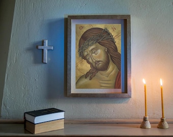 Handmade Jesus Christ Icon: Byzantine Art, Prayer corner - Religious gift