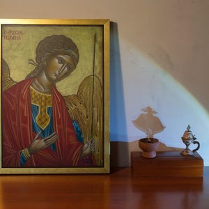 Hand Painted  Orthodox  icon -  Religious Christians Gift - Byzantium art - Archangel Michael Taxiarch -Guardian Angel - care of the people