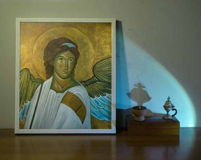 Handmade 'White Angel' Icon: Byzantine Art Giclée, Symbol of Peace