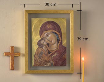 Hand-Painted Virgin Mary Icon: Byzantine Art, Christian Gift