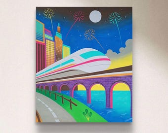 City Night Train: origineel hedendaags schilderij op canvas