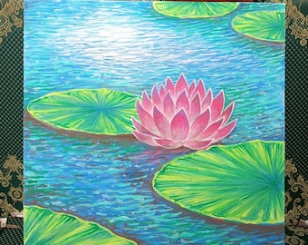 Lotus Flower Painting: Original Nature Art on Canvas