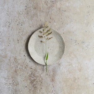 May include: A speckled white ceramic plate with a single sprig of dried grass on a light beige textured background.