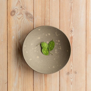 Op de afbeelding: Een ronde, ondiepe keramische kom met een matte, gespikkelde taupekleurige afwerking. Het binnenoppervlak vertoont lichte, onregelmatige vlekken verspreid over de bodem. Drie kleine, felgroene, ovaalvormige blaadjes liggen in het midden.