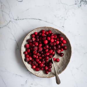 Może przedstawiać: Biała ceramiczna miska wypełniona czerwonymi żurawinami i srebrną łyżką. Miska stoi na białym marmurowym blacie.