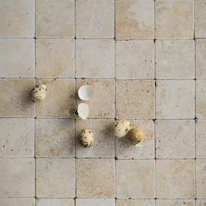 Puede incluir: Vista superior de un patrón de baldosas cuadradas en tonos beige y bronceado. Varios huevos moteados y cáscaras de huevo están esparcidos por las baldosas. Los huevos son de color marrón claro con motas marrones oscuras.