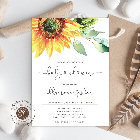 Sunflower baby shower invitation template Boho baby shower Etsy