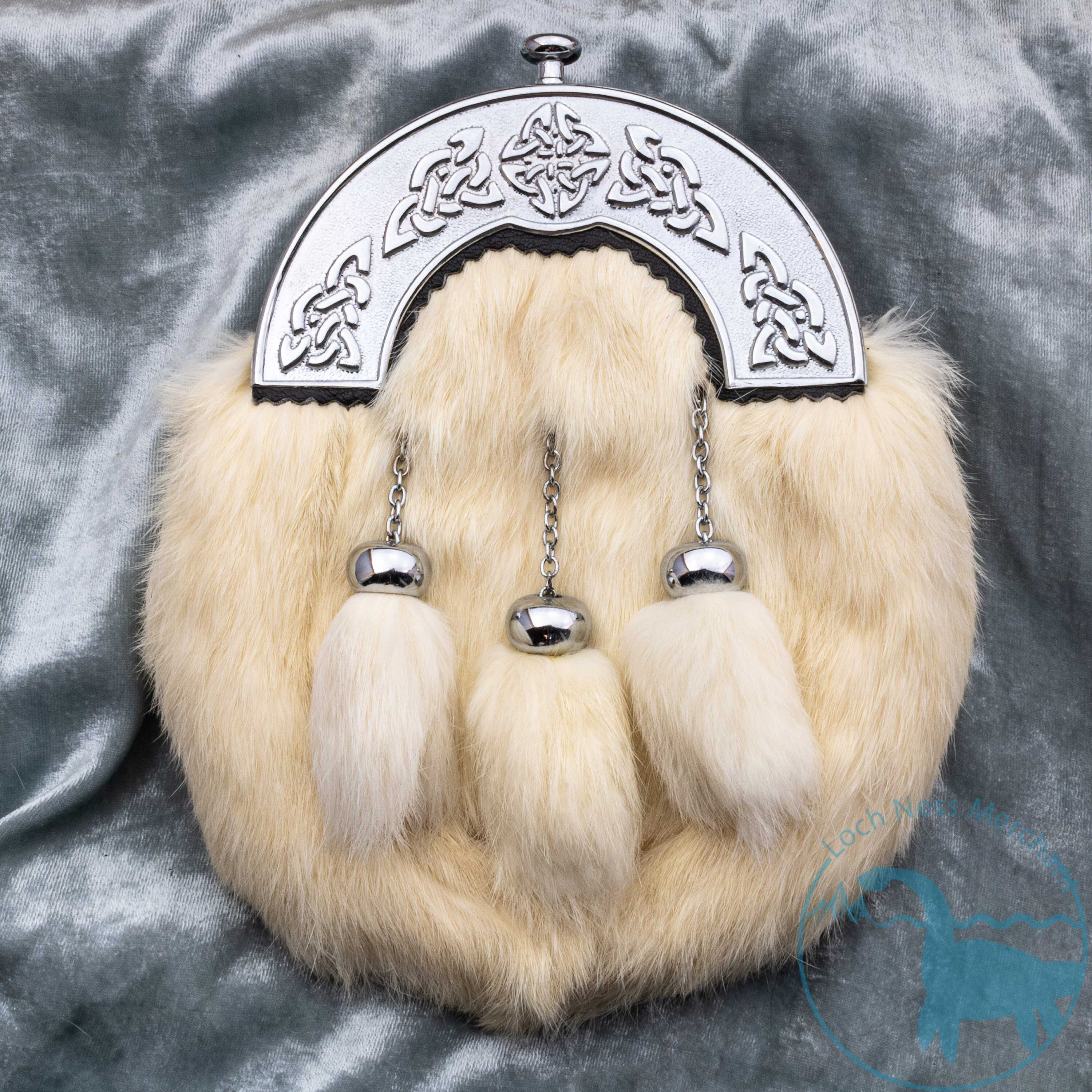 Scottish Kilt Sporran White Rabbit Fur Celtic Chrome Cantel Highland Leather 