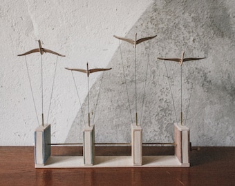 Wooden Automaton | Flock of Four Birds flying parallel | mechanical bird automata | hand cranked wood sculpture | wooden toy