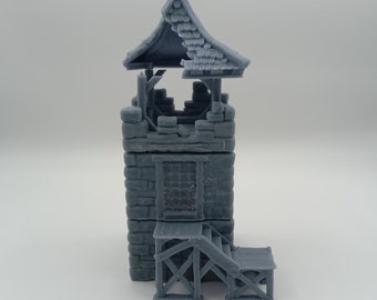 Torre de vigilancia: dos niveles con parte superior en ruinas, techo en ruinas y escaleras exteriores, de Black Scrolls Games.