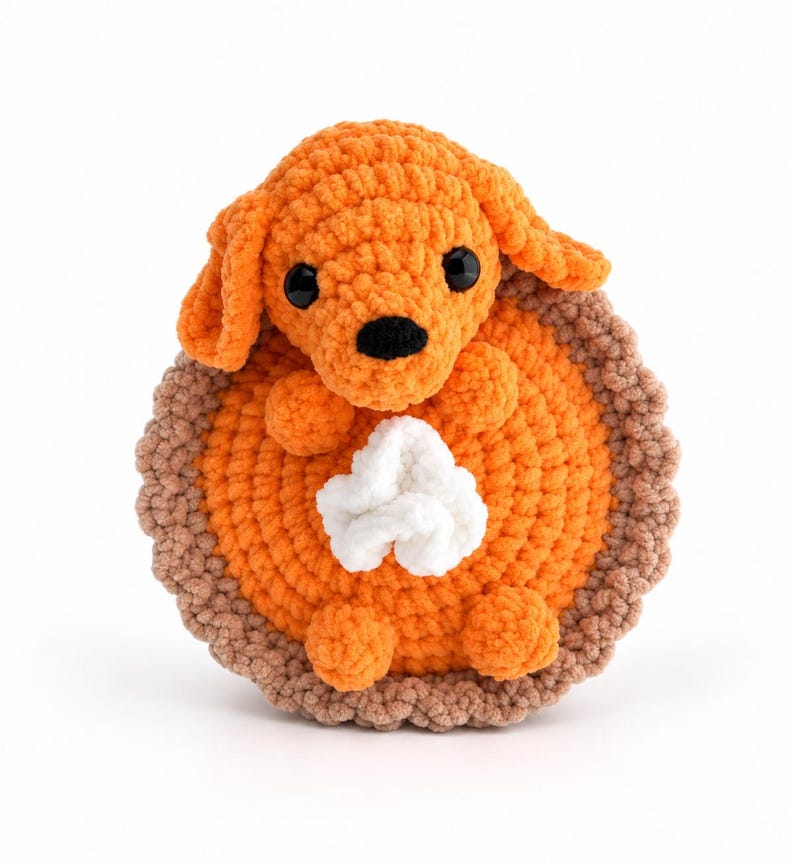 May include: A crocheted orange dog plushie sitting inside a round orange pie with a brown crust edge and a white dollop of whipped cream on top. The dog has black plastic eyes and a black nose, with floppy ears and small paws resting on the pie.