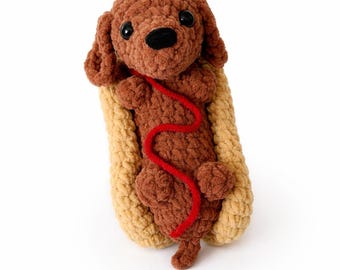 Modèle PDF de hot-dog au crochet, modèle Amigurumi de teckel, drôle de chien au crochet, peluche jeu de mots avec les aliments, modèle pour débutant