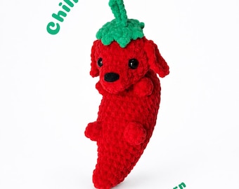 Patron au crochet pour chien chili PDF | Amigurumi drôle de chien de piment rouge | Motif au crochet alimentaire | Tutoriel de peluche chien mignon | Crochet débutant