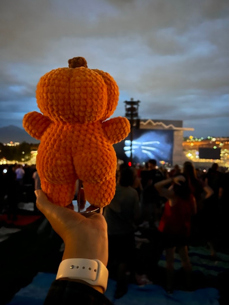 Peut inclure: Un jouet en peluche en forme de citrouille orange crochet&eacute;, tenu en l'air lors d'un concert. Le jouet en peluche est tourn&eacute; vers l'avant et le public est flou en arri&egrave;re-plan.