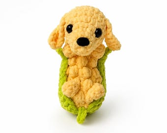 Haakpatroon maïs hond pdf, grappige hond maïs amigurumi, punimals gehaakte pluche, patroon schattige woordspeling, beginners plushie tutorial