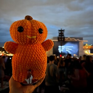 Peut inclure: Un jouet en peluche en forme de citrouille orange crochet&eacute; avec un visage souriant et des yeux noirs. Le jouet est tenu par la main d'une personne devant un arri&egrave;re-plan flou de personnes lors d'un concert.
