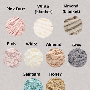 May include: Yarn samples in various colors, including pink dust, white, almond, grey, seafoam, and honey. The yarn is displayed in a circular format with the color names listed below each sample.